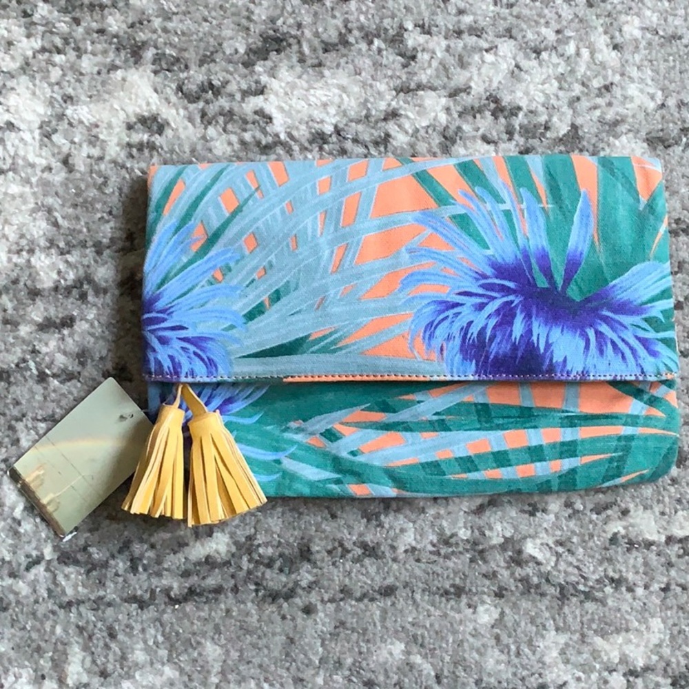 Kimchi Blue Tropical Print Tassel Foldover Clutch